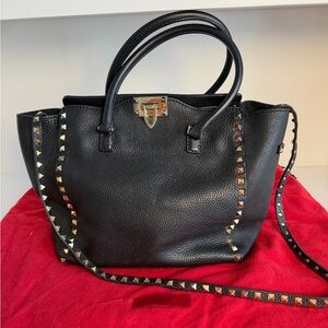Valentino Garavani Rockstud Black Leather Tote Top Handle Crossbody Bag